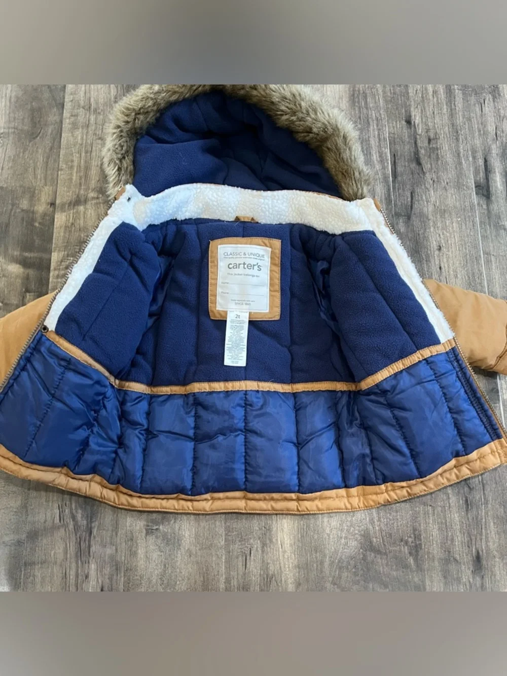 Toddler Boys Carters Faux Fur Trim Hood Khaki Parka Coat ~ Size 2T